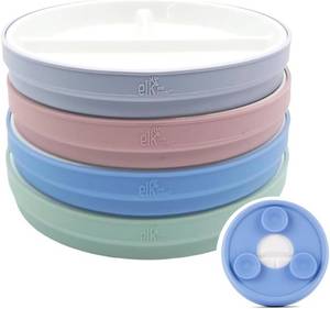 lot 19874 image: Elk and Friends Kids 6.7 Porcelain Divided Plates with Silicone Suction Sleeves  Suitable for BabiesKidsToddlers  Microwave & Dishwasher Safe  Non Slip  Snack Dishes  4 Suction Sleeves and 2 Porcelain Plates