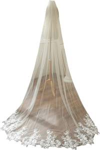lot 19882 image: Chapel Length Sequin Lace Floral Wedding Bridal Veil with Comb