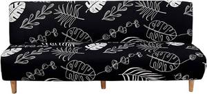 lot 19896 image: WOMACO Printed Futon Cover Stretch Sofa Bed Slipcovers Full Twin Queen Size Armless Couch Loveseat Protector Covers with Elastic Bottom for Living Room Bedroom Furniture (Black Leaves, 63-75)