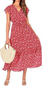 lot 19898 image: BTFBM Women Summer Bohemian Floral Casual Wrap V Neck Ruffle Cap Sleeveless Belt A-Line Pleated Hem Midi Sun Dress White Size Medium