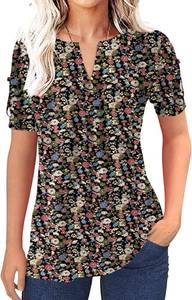 lot 19911 image: Womens Zipper Summer Pleated Button Short Sleeve T-Shirt Summer V-Neck Solid Color Casual top Size XL