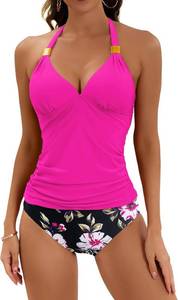 lot 19919 image: B2prity Halter Tankini Swimsuit for Women Tummy Control Two Piece Bathing Suit V Neck Swimwear with Shorts Size Small