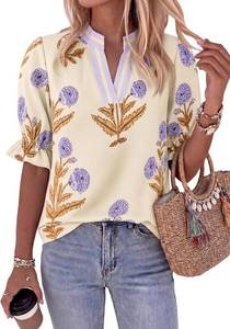 lot 19945 image: Cicy Bell Womens Summer Floral Blouses Puff Ruffle Sleeve V Neck Boho Shirts Dressy Casual Flowy Blouse Tops Size 8