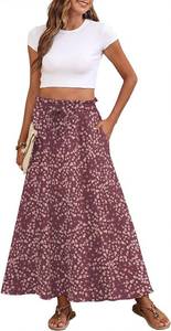 lot 19975 image: Askyes Womens Maxi Skirt Summer Tie Knot Elastic High Waisted Boho Casual Beach Flowy Swing Long Skirts with Pockets Size Medium