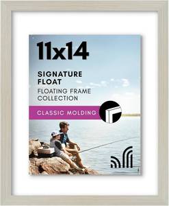 lot 19411 image: Americanflat 11x14 Floating Picture Frame with Polished Crystal-Clear Glass - Use as 8x10 Picture Frame or Display 5x7 Photo - Signature Float Collection - Photo Frames for Wall Display - Light Wood