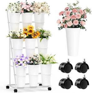 lot 19412 image: Invech Flower Display Stand with 9 Buckets, 3 Tier Flower Cart Display Stand and Wheels for Indoor Outdoor Garden, Wedding, Flower Shop (White)