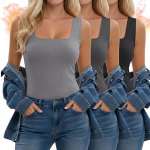 lot 19414 image: 3 Pack Womens Thermal Tank Tops, Fleece Lined Raw Hem Sleeveless Tops Camisole Warm Square Neck Base Layer Vest