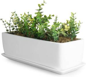 lot 19428 image: MyGift 14 Inch Ceramic Indoor Plant Pot with Drainage Hole, Rectangular Succulent Planter Window Box with Removable Saucer, Unglazed White