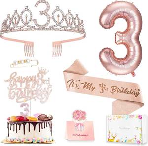 lot 19435 image: 3rd Birthday Decorations for Girls, Including 3 year old Birthday Cake Topper, Queen Sash with Pearl Pin, Sweet Rhinestone Tiara Crown, Number Candles and Balloons Set, Rose Gold
