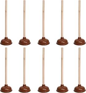 lot 19444 image: 10 Pcs Toilet Plungers with 18 Inch Long Wooden Handle Heavy-duty Design, Strong Force Suction Cup Rubber Plunger for Bathroom, Fix Clogged Toilets, Drains, and Sinks (Brown)