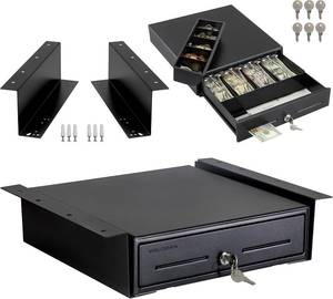 lot 19476 image: Volcora 13 Electronic Cash Register Drawer with Under Counter Mounting Metal Bracket - POS, 4 Bill 5 Coin Cash Tray, Removable Coin Compartment, 12-24V RJ11RJ12 Key-Lock, Media Slot, Black