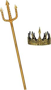 lot 19478 image: Gold Neptune Poseidon Trident and Gold King Crowns,Plastic Trident Staff Foam Crowns Cosplay Set,Halloween Costume Accessory Props