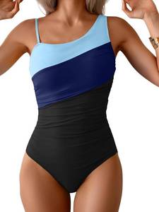 lot 19484 image: Aidonger One Shoulder One Piece Swimsuit for Women Tummy Control Bathing Suits Color Block Ruched Swim Suit Slimming Swimwear SIZE XL