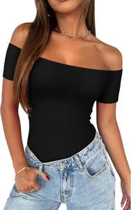 lot 19528 image: REORIA Women Sexy Off The Shoulder Short Sleeve Backless Basic Double Lined Thong Bodysuit Tops SIZE L