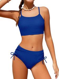 lot 19530 image: Girls Swimsuit Solid Color Adjustable Spaghetti Straps Drawstring Two Piece Bikini Set Girls Bathing Suit for 13-14 years old