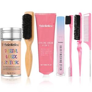 lot 19546 image: Seiolieliou 4-in-1 Hair Styling Cream Set, Hair Finishing Stick, Hair Wax Stick, Boar Bristle Brush & 3 Combs Set  All-in-One Professional Hair Styling Kit for Frizz Control, Shine & Hold