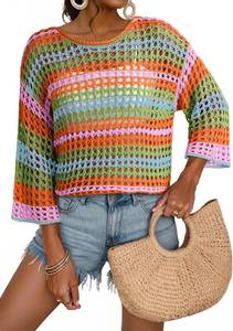 lot 19549 image: Dokotoo Womens Spring Summer 34 Sleeve Crochet Sweater Hollow Out Color Block Striped Tops Casual Beach Vacation Cover Ups SIZE XL