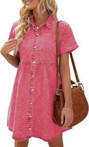 lot 19553 image: LookbookStore Womens Short Sleeve Button Down Flowy Tiered Babydoll Denim Dress SIZE XL