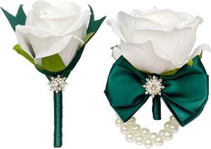 lot 19562 image: Corsage and Boutonniere Set for Wedding Prom Artificial Flower Corsage Wristlet with Double Pearl Tie Boutonniere for Men Suit Decorations Bridesmaids Groom Groomsmen Bridal Shower Green & White