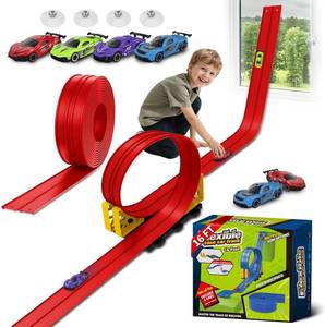 lot 19567 image: Flex Race Track 16 Ft with Suction Cups Compatible with Diecast 164th Cars, Flexible Car Track Toys for Ages 3 Kids Toddlers Roll Out Portable Racetrack (Red)