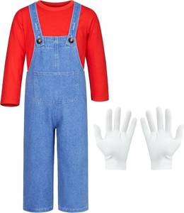 lot 19586 image: Plumber Costume for Kids Shirt Overalls Glove Boys Halloween Party Cosplay 4 years