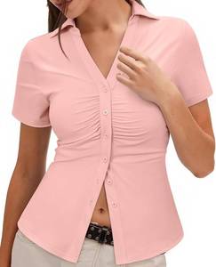 lot 19587 image: Gleeivy Pink Button Down Shirts for Women Short Sleeve Y2k Ruched Tops with Collared Slim Fitted Blouse Stretchy 2026 Summer Fashion Outfit Dressy Causal Pink SIZE L