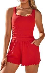lot 19588 image: Charmo Scalloped One Piece Romper Swimsuit for Women Tummy Control Bathing Suit with Pockets Modest Swimwear with Shorts SIZE M