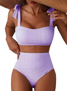 lot 19589 image: Herseas Womens Tie Shoulder Bikini Sets 2 Piece Striped Swimsuits High Waisted Bathing Suits SIZE S