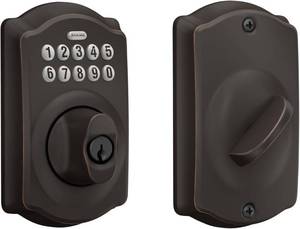 lot 19591 image: Schlage Camelot Electronic Keypad Deadbolt Lock, Keyless Front Door Entry, Mechanical Key Backup Included, Aged Bronze, BE365 V CAM 716