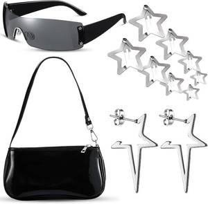 lot 19592 image: Moucuny 12 Pcs Y2k Accessories Set Patent Leather Shoulder Bag 2000s Sunglasses Circle Earrings Star Clips Gifts for women COLOR IS PINK