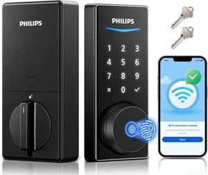 lot 19595 image: Philips Built-in WiFi Smart Lock, Keyless Entry Door Lock with App, Touchscreen, Fingerprint Door Lock   Compatible with Alexa &amp Google, Splash-Proof Design, Includes 8 Batteries, Black - Retail $109.97
