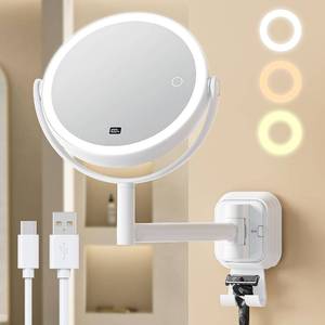 lot 20019 image: Gospire No Drilling Wall Mounted Lighted Makeup Mirror with Magnification 10X, 7 Inch Rechargeable Magnifying Vanity Mirror with Hooks, LED Display & 3 Light Modes for Bathroom