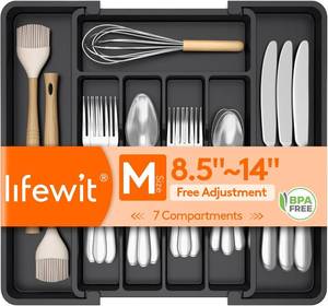 lot 20052 image: Lifewit Expandable Silverware Organizer, Plastic Utensil Tray for Kitchen Drawer, BPA Free Flatware Cutlery Holder, Space-Saving Storage for Spoons Forks Knives, 8.5-14 x 12 x 1.5 inch, Black