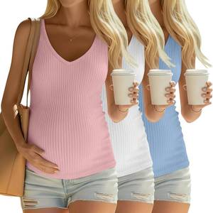 lot 20102 image: 3 Pack Womens Maternity Tank Tops 92% Cotton Ribbed Knit Summer Pregnancy Shirts Sleeveless V Neck Basic Clothes, Size Medium