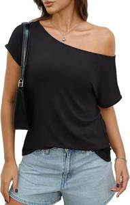 lot 20108 image: EasyGala Womens Off Shoulder Tops Sexy Short Sleeve Shirts Rolled Sleeve Loose T Shirts Summer Going Out Clothes 2026, Size Large
