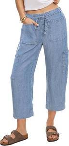 lot 20121 image: luvamia Barrel Jeans for Women Trendy Wide Leg High Rise Baggy Pull On Elastic Waist Button Fly Drawstring Denim Pants, Size Medium