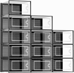 lot 20134 image: Kuject X-Large Shoe Storage Boxes Organizers Clear Plastic Stackable 12 Pack, Shoe Rack & Holder Substitute, Sneaker Containers, Toy Storage Organizer Bins for Entryway, Closet, Under Bed, Black