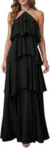 lot 20141 image: SOLY HUX Womens Wedding Guest Dress Sundresses Ruffle Layered Halter Backless Flowy Formal Maxi Dresses, Size Small