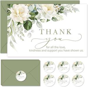 lot 20091 image: Whaline 48 Pack Funeral Thank You Cards Greenery Floral Sympathy Card with Envelope Sticker Eucalyptus White Flower Bereavement Cards for Loved Ones Celebration of Life
