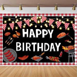 lot 20713 image: BBQ Happy Birthday Backdrop for BBQ Birthday Party Decorations, Red Gingham Picnic Birthday Photography Background, BBQ Birthday Baby Shower Barbecue Party Supplies Banner 7x5ft