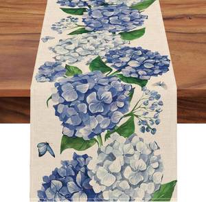 lot 20721 image: Seliem Spring Hydrangea Floral Flowers Table Runner, Blue Butterfly Kitchen Dining Table Decor, Seasonal Summer Burlap Home Decoration Indoor Outdoor Party Supply 13 x 36 Inches