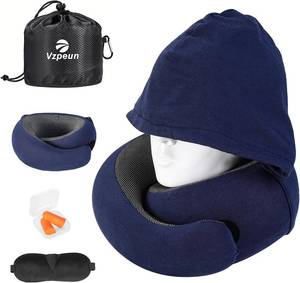 lot 20734 image: Travel Pillow - Hooded Neck Pillow Airplane Memory Foam Filling for Plane, Office, Cars Sleeping, Road Trip, Long Flights, Airplane Travel Essentials, Includes Eye Mask & Earplugs (Navy)