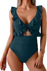 lot 20037 image: Eomenie One Piece Swimsuit for Women Tummy Control Ruffle Bathing Suit V Neck Ruched Swim Suit Slimming Cutout Swimwear Size XL