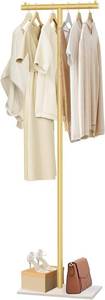 lot 20040 image: T-Shaped Metal Rack Stand,Modern Clothes Rack With Rock Slab Base,60.3 Inch Freestanding Clothing Rack Stand,Suitable For Boutiques, Entryway, Bedroom, Living Room, (Golden Yellow,60.3 Inch)