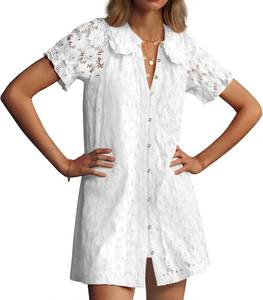 lot 20045 image: Wenrine Womens Summer Lace Mini Dress Casual Short Sleeve Peter Pan Collar Button Down Beach Vacation Dresses Size XL