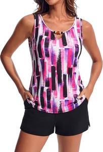 lot 20600 image: Hanna Nikole Women 2 Piece Tankini Swimsuits, Modest Bathing Suit, Beads V Neck Swimwear with Sporty Swim Shorts Pockets Size Large
