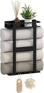 lot 20601 image: Bathroom Towel Rack,Wall Mounted Metal Bathroom Organizer with Shelf and 3 Hooks,Towel Storage Rack for Rolled Towels,Black