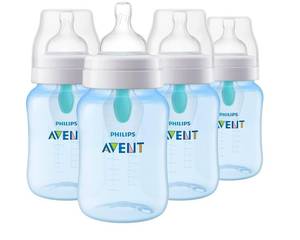 lot 20611 image: Philips Avent Anti-Colic Bottle with AirFree Vent, 9oz, with Flow 2 Nipples, 1m, 4pk, Blue, SCY70324