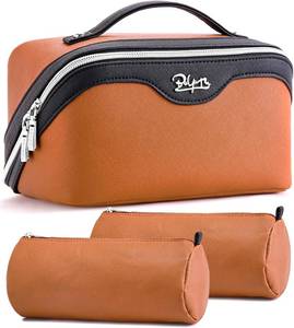 lot 20625 image: BOYATU Travel Makeup Bag Organizer Cosmetic Bag 3 Pcs Set Make up Bags for Women with Handle - Waterproof Vegan Leather Toiletry Bags Travel Essentials Pouch with Compartments (A-07-Orange)