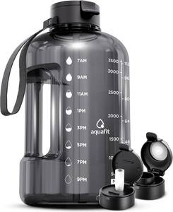 lot 20628 image: AQUAFIT 1 Gallon Water Bottle with Time Marker - Straw & Chug Lid - BPA Free Gym Water Bottle with Straw - Big Gallon Jug (Gray, 128 oz - 2 Lids)